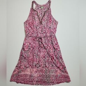 Lucky Brand Pink Ikat Print Beaded Neckline Sleeveless Dress Size S